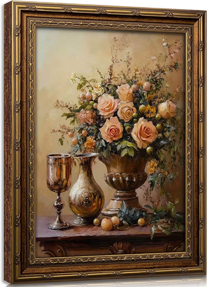 Vintage Gold Framed Floral Canvas Wall Art Retro Farmhouse Rustic Wildflowers Flower Painting Picture Wall Decor French Country Vase Flowers Poster Print Artwork for Living Room Bedroom