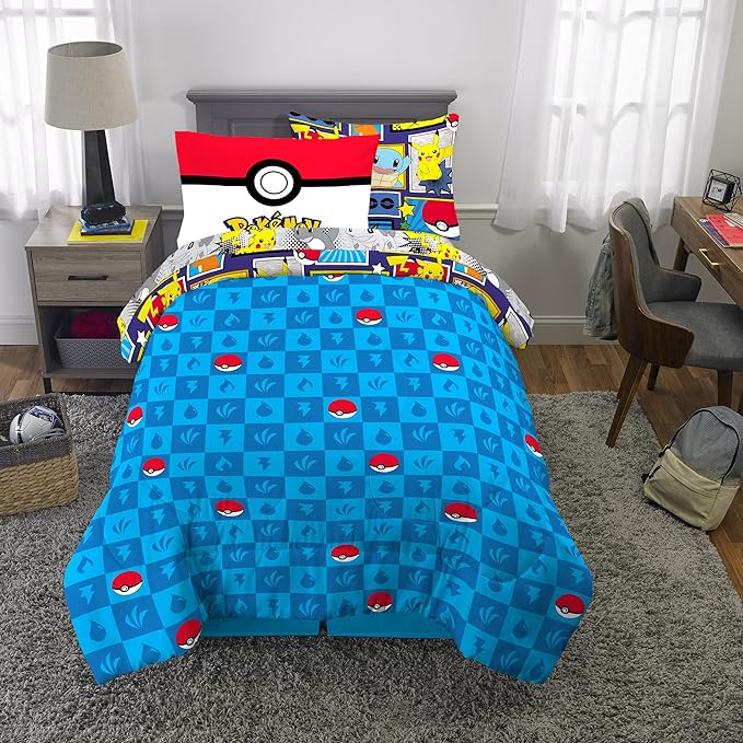 Pokémon Pikachu Twin Size Bedding, Kids Bedding Super Soft Cozy Reversible Comforter and Sheet Set with Sham, 5 Piece Twin Size, (Officially Licensed Product) by Franco