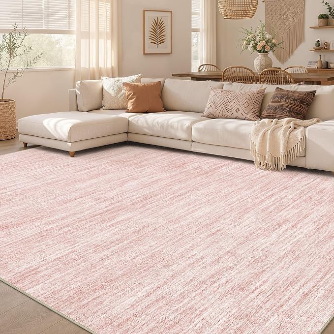 Nakagishi 10X12 Area Rugs Living Room: Washable Large Vintage Rug Neutral Non-Slip Soft Stain Resistant Indoor Carpet for Bedroom Nursery Dining Room Office Playroom - Pink