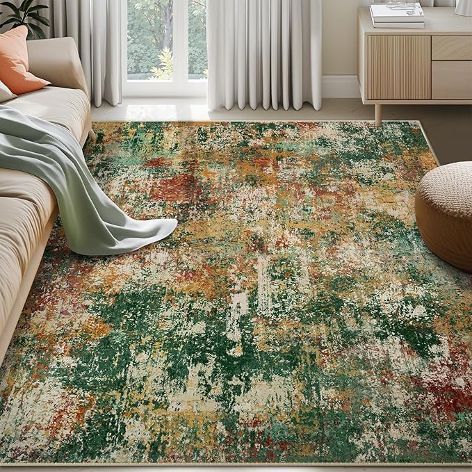 RELEANY Washable Area Rugs 8'x10' Non-Slip Modern Abstract Soft for Living Room Entryway Bedroom Kitchen, Print Pattern, Green Orange Rust Red Cream Colorful