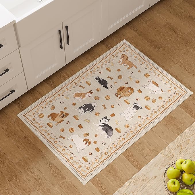 DUKINO 2x3 Bathroom Rugs, Washable Dog Kitchen Rug Non Slip, Beige Yellow | Low Pile, Stain Resistant Soft Indoor Door Mat, Small Front Door Animal Throw Carpet for Entryway Bedroom Farmhouse Kids Room