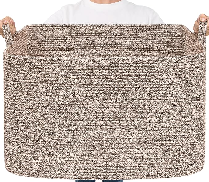 Goodpick 105L Extra Large Woven Rope Blanket Basket, Rectangle, Brown | 25'' x 16'' x 16'' Storage Basket for Blankets, Clothes & Pillows, Living Room & Bedroom Organization, Reinforced Handles