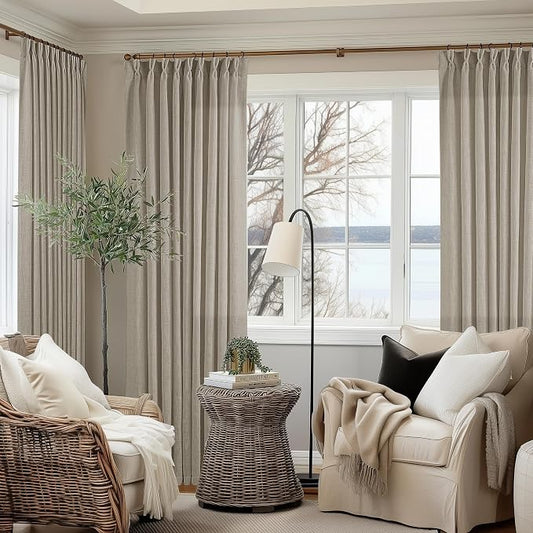 60 Inch Width Curtains 92 Inches Long Linen Pinch Pleated Curtains for Living Room Bedroom Burlywood Birch Semi Sheer Back Tab Hooks Rings Extra Wide Pinch Pleat Drapes for Patio Glass Door 1 Panel
