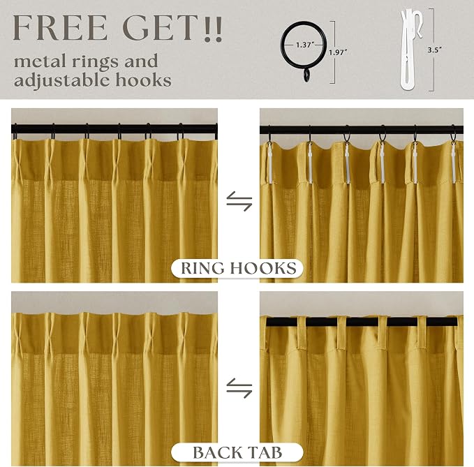 Mustard Yellow Pleated Semi Sheer Linen Curtains 108 Inches Long 2 Panel | for Living Room Bedroom Ceiling Floor, Light Filtering, Gold Yellow, 400GSM Linen Fabric, Pinch Pleat Memory Shape Trained