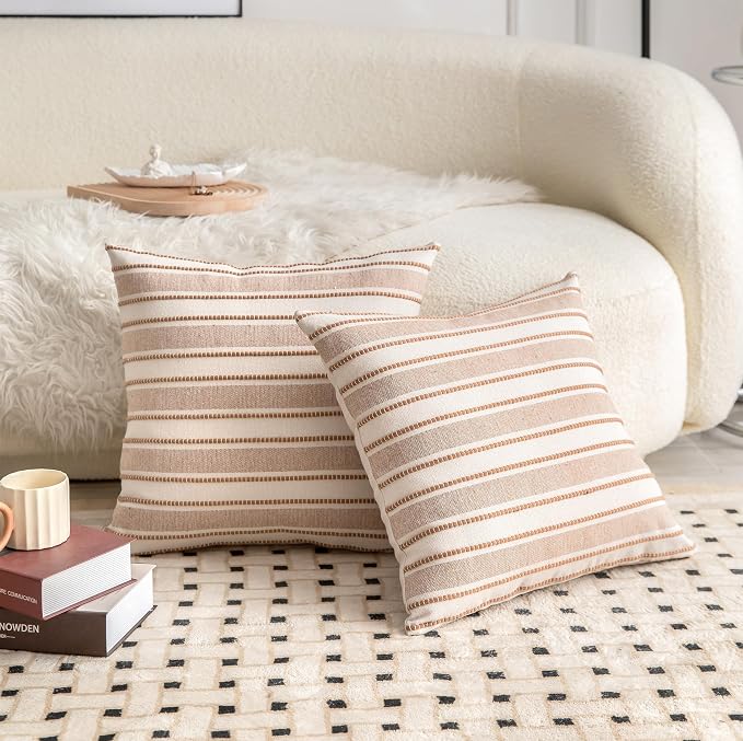 Cethom Decorative Boho Throw Pillow Covers, Farmhouse Textured Pillow Case, 20 x 20 Inch Set of 2, Chair Sofa Bedroom Living Room Home Decor Couch Cushion Case, Brown and Beige Striped