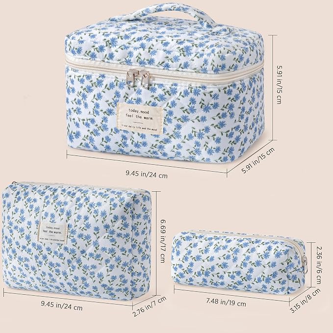 HBselect Quilted Makeup Bag, 3PCS Cotton Large Travel Makeup Bag, Cute Floral Coquette Make up Bag Cosmetic Bag Toiletry Bag for Women Girls