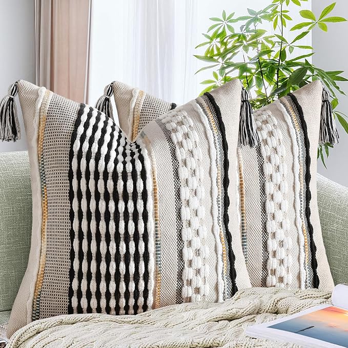 Set of 2 Chenille Striped Textured Boho Throw Pillow Covers Aesthetic with Tassels Woven Decorative Pillow Case for Couch Bed Sofa Bedroom Modern Funky 18 x 18-Inch Black
