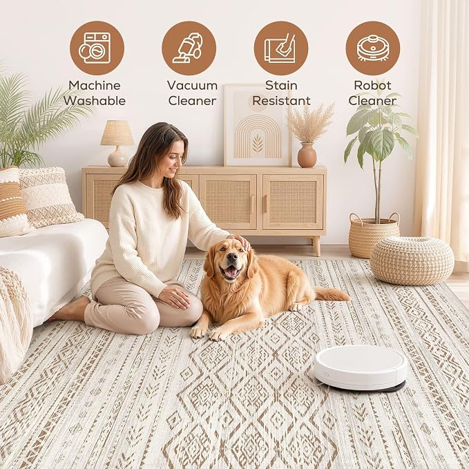 Nakagishi Area Rug Living Room Rugs: 10x12 Large Soft Machine Washable Boho Moroccan FarmNeutral Stain Resistant Indoor Floor Carpet for Bedroom Under Dining Table Home Office Decor-Brown