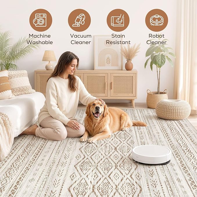 Nakagishi Area Rug Living Room Rugs: 5x7 Large Soft Machine Washable Boho Moroccan FarmNeutral Stain Resistant Indoor Floor Carpet for Bedroom Under Dining Table Home Office Decor-Brown