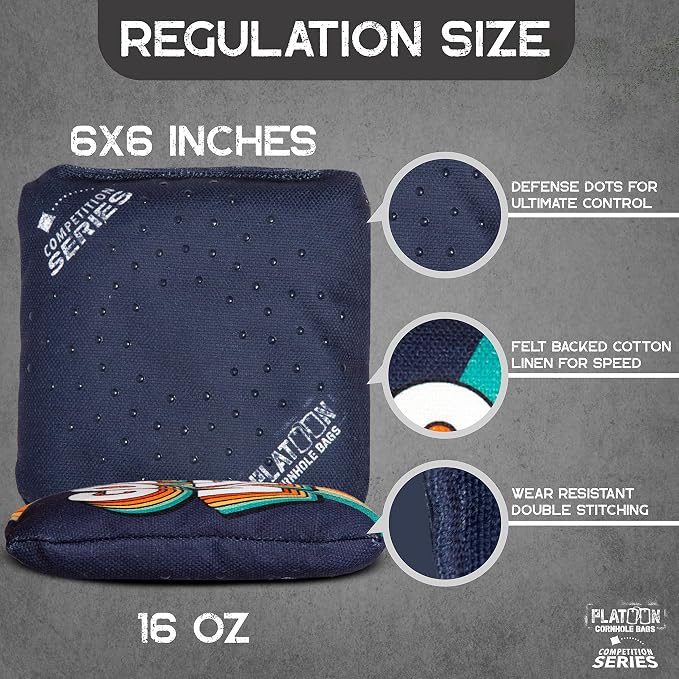 Play Platoon Competition Series Cornhole Bags Set of 8 Regulation Professional Weight Double Sided Slick and Stick with Rubber Sticky Dot Slow Side for Pro Corn Hole Bean Bag Toss Game-Designed in USA