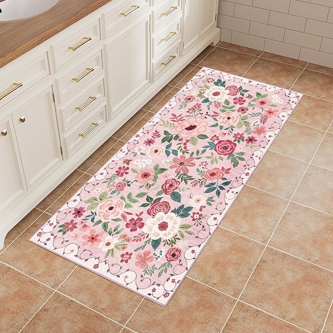DUKINO 2x4 Entryway Rug, Floral Washable Kitchen Rugs Non Slip, Pink | Low Pile, Soft Indoor Runner Rug for Hallway, Bedroom, Bathroom, Laundry, Pet Friendly, Modern Home Decor, Stain Resistant