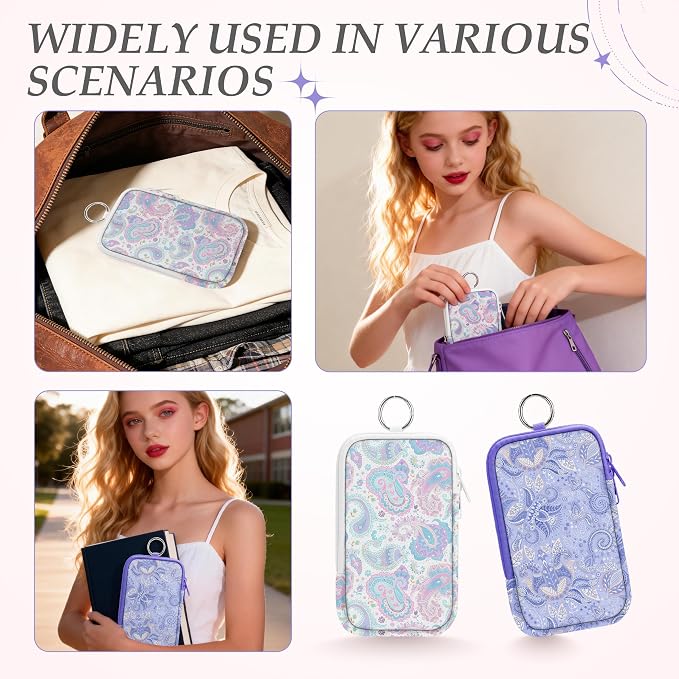 KJQJLY 2 Pack Portable Tampon Organizer Bag Tampon Holder & Storage Case with Zipper for Travel, Discreet Period Bag for Purse, Waterproof Feminine Products Pouch for Women (Paisley)