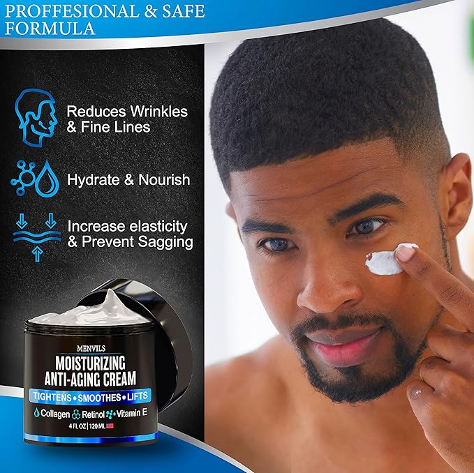 Mens Face Moisturizer Cream - Anti Aging & Wrinkle Repair - After Shave Lotion for Men with Collagen, Retinol, Vitamins E, Jojoba Oil - Age Facial Skin Care - Lightweight Day & Night Cream - 4 oz