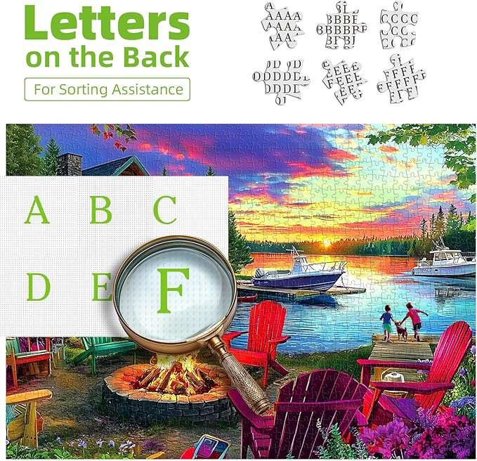 Lakeside Cabin Sunset 500 Piece Jigsaw Puzzle for Adults, Seniors & Family - Summer Relaxing Puzzle with Chairs, Boats & Bonfire Pit - Scenic Forest Lake View Puzzle Art 23x15 Inch