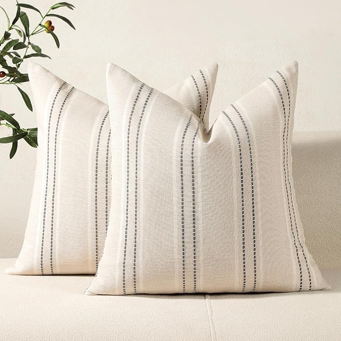 Hckot Throw Pillow Covers 22x22 Set of 2 Striped Pillow Covers Textured Linen Decorative Pillows Square Cushion Covers for Sofa Couch Bed Living Room Farmhouse Decor, Grey