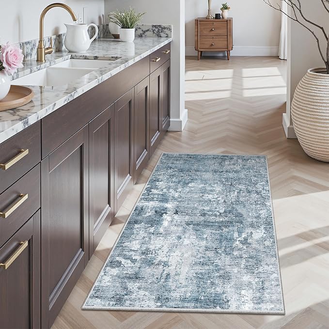 Soalmost 2x4 Abstract Washable Rugs for Entry, Kitchen Area Rug Blue/Grey | Small Non-Slip Vintage Low Pile Throw Door Mat For Bathroom Entryway Laundry, Stain Resistant Indoor Entrance Floor Carpet