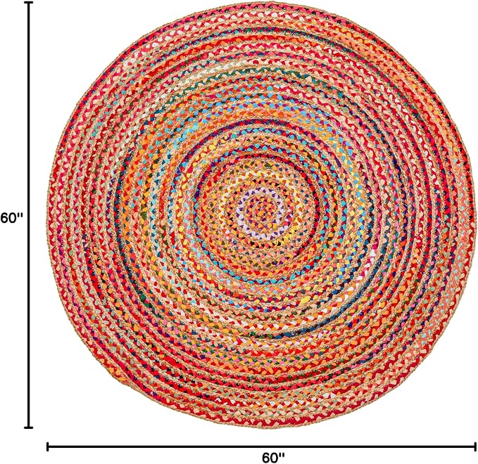 Hausattire Bohemian Braided Rug 5' Round - Multi Color, Rustic Hand Woven Rag Rugs for Kitchen, Kids Bedroom, Living Room | Colorful Farmhouse Pet Friendly Reversible Decorative Carpet