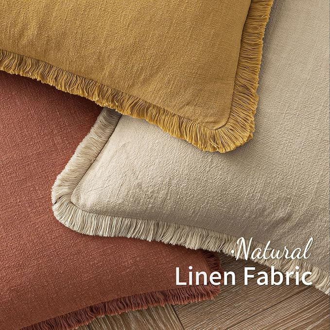 MIULEE Linen Fringe Decorative Fall Throw Pillow Covers Late Autumn 18x18 | Set of 2, Cottagecore Decor, Boho Farmhouse Neutral Pillow Covers, Rustic Fall Couch Cushion Cases for Sofa Bed Living Room