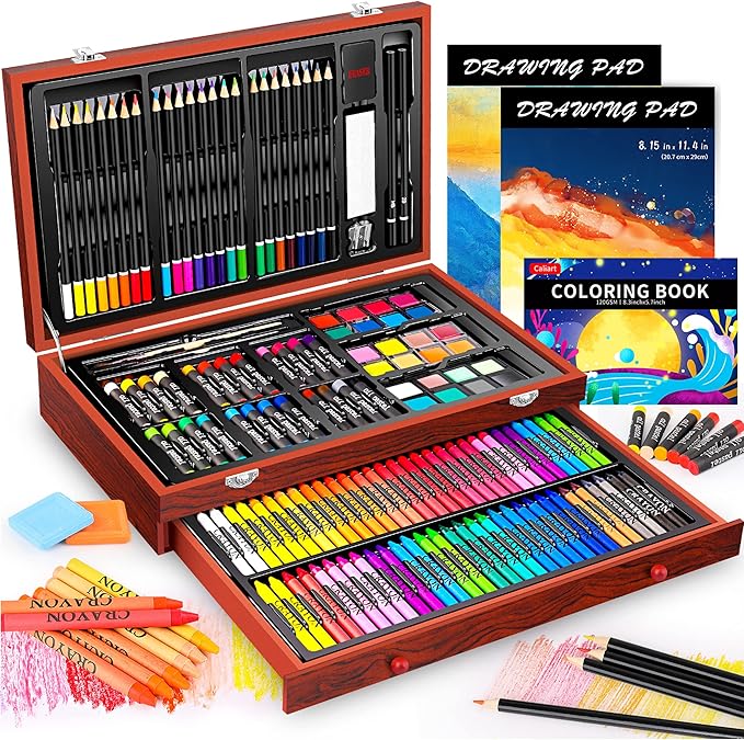 Caliart Art Supplies, 153-Pack Deluxe Wooden Art Set Crafts Drawing Painting Coloring Supplies Kit with 2 A4 Sketch Pads, Halloween Creative Gift Box for Adults Artist Beginners