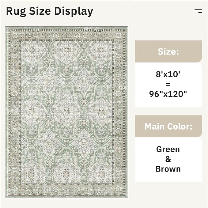 Soalmost 8x10 Area Rugs Large Washable Living Room Rug Non-Slip Green/Brown | Soft Farmhouse Vintage Carpet for Dining Bedroom, Stain Resistant Low Pile Foldable Thin Floor Mat Under Table Home Decor