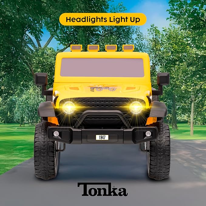 Tonka - 12V Kids Ride On with Rechargeable Battery, LED Headlights, Press-Button Start, Durable Wheels, Forward & Reverse Drive, Contoured Seat