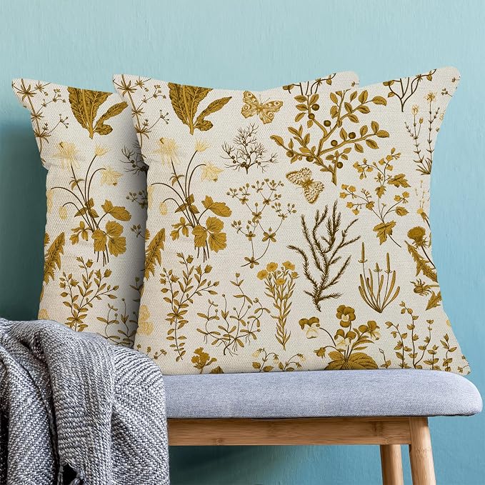 AEIOAE Summer Pillow Covers 20x20 Inch Set of 2,Mustard Yellow Wild Flower Plant Throw Pillows Case,Seasonal Floral Outdoor Decorative Square Linen Farmhouse Decor Cushion Covers for Home Couch