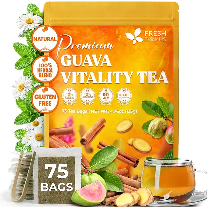 FreshDrinkUS, Premium Guava Vitality Tea | 75 Tea Bags | Guava Leaves, Cinnamon Stick & Ginger Herbal Tea – Caffeine Free Botanical Infusion – Warm & Aromatic Daily Tea – 100% Natural Ingredients