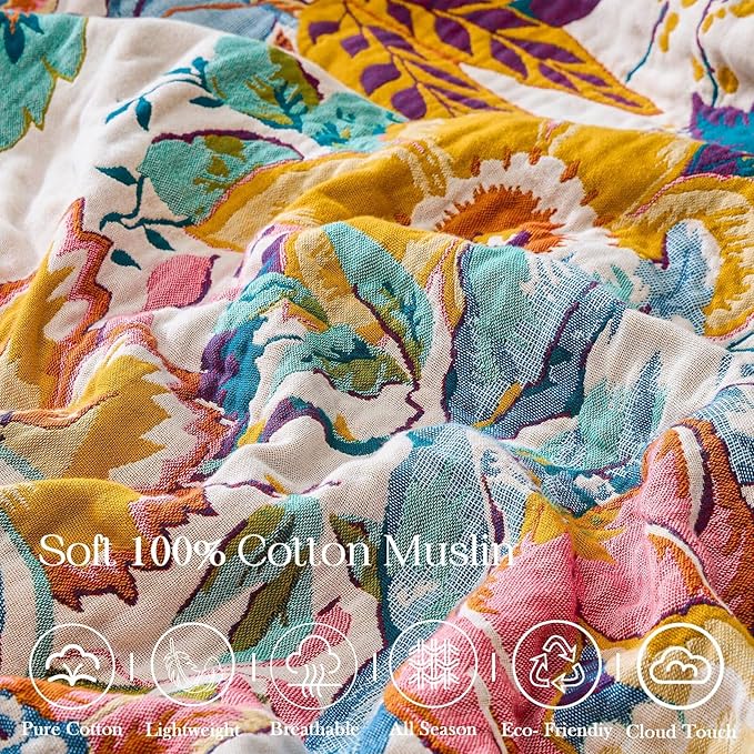 XIBLC Boho Throw Blanket 100% Cotton Vintage Blanket Muslin Woven Flower Decorative Throw Blankets All Season Bohemian Rustic Farmhouse Decor Quilt for Bed (Yellow 80"x90")