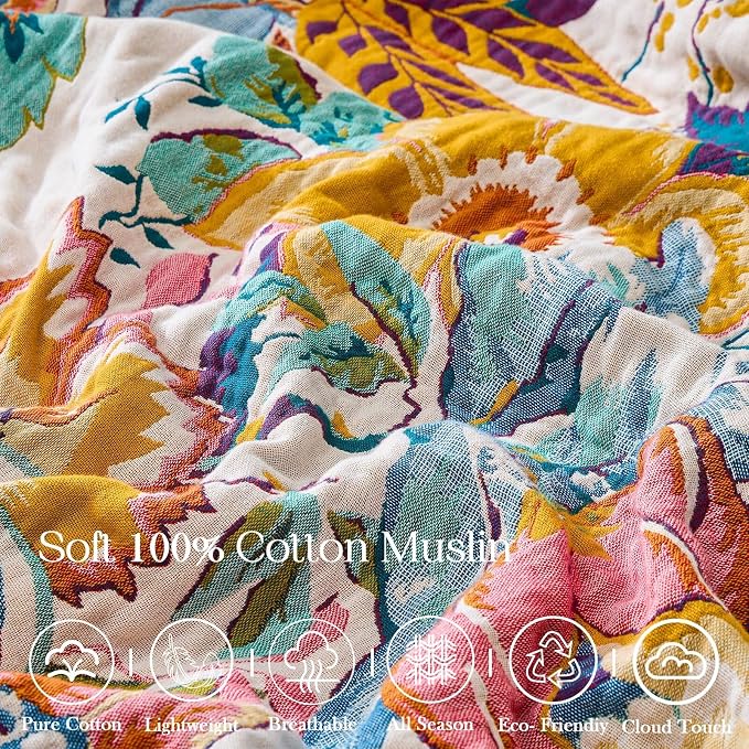 XIBLC Boho Throw Blanket 100% Cotton Vintage Blanket Muslin Woven Flower Decorative Throw Blankets All Season Bohemian Rustic Farmhouse Decor Quilt for Bed (Yellow 50"x60")