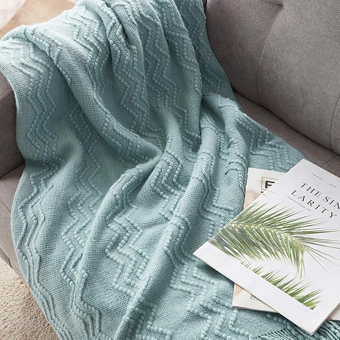 BOURINA Aqua Throw Blanket 60x80 Inch Boho Knitted Soft Throw Sofa Blanket | Knitted Throw Blanket 60x80 Inches, Soft Lightweight Boho Weave Throw Decorative Couch Blanket for Living Room Bedroom Chair