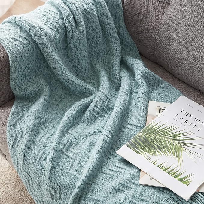 BOURINA Aqua Throw Blanket 50x90 Inch Boho Knitted Soft Throw Sofa Blanket | Knitted Throw Blanket 50x90 Inches, Soft Lightweight Boho Weave Throw Decorative Couch Blanket for Living Room Bed Runner