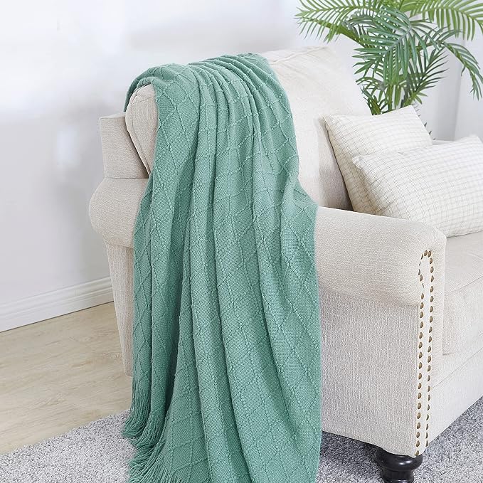 BOURINA Dark Cyan Throw Blanket 50x90 Inch Boho Knit Soft Throw Bed Blanket | Knitted Throw Blanket 50x90 Inches, Soft Lightweight Boho Weave Throw Decorative Couch Blanket for Living Room Bed Runner