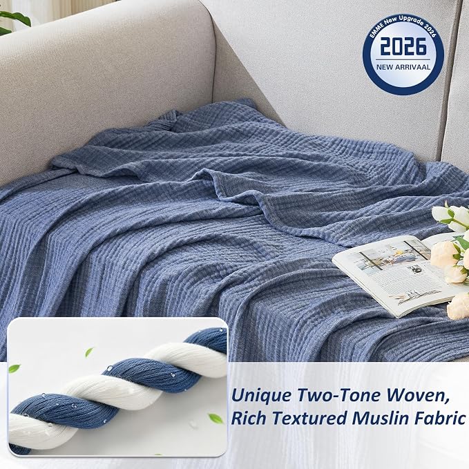 EMME Cotton Muslin Throw Blanket for Couch Breathable Gauze Soft Lightweight Blankets for Adults (Heather Navy, 50"x60")