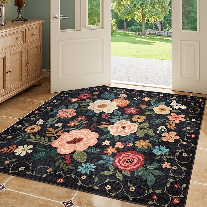 DUKINO 4x4 Square Area Rug, Soft Floral Washable Rug for Entryway, Black | Non Slip, Low Pile, Stain Resistant Indoor Rug for Kitchen, Bedroom, Living Room, Nursery, Pet Friendly, Modern Home Decor