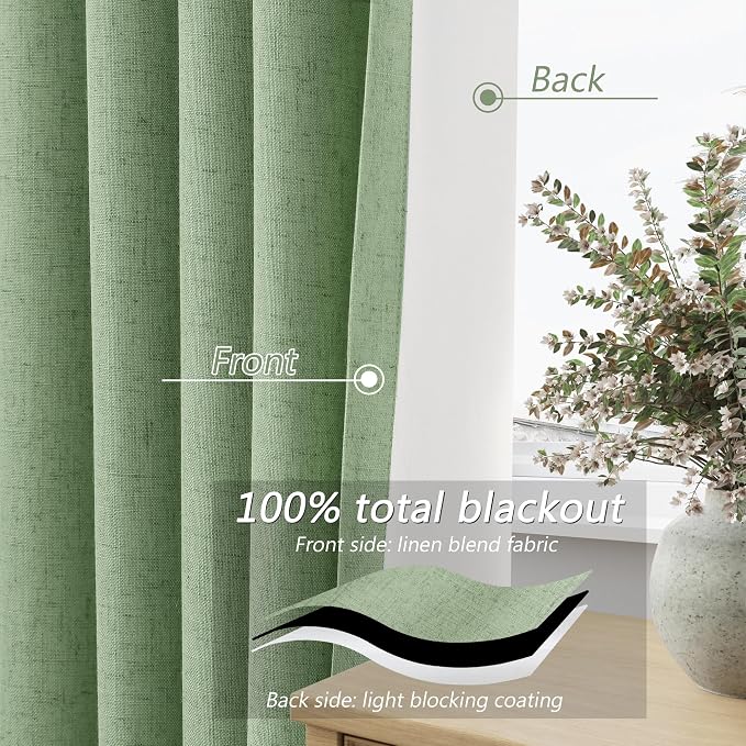 Guken Light Sage 100% Blackout Linen Curtains 120 Inch Length 2 Panels Set for Living Room Bedroom Back Tab/Rod Pocket Thermal Insulated Black Out Drapes Room Darkening Window Curtains