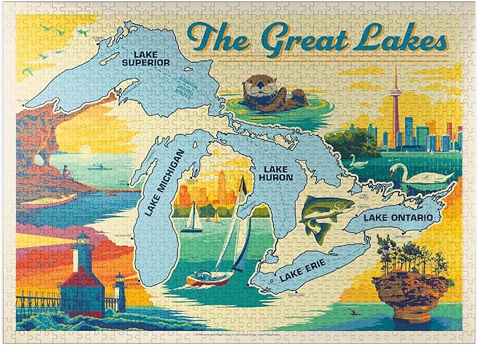 MyPuzzle The Great Lakes Illustrated Map and Landmarks - Premium 1000 Piece Jigsaw Puzzle for Adults