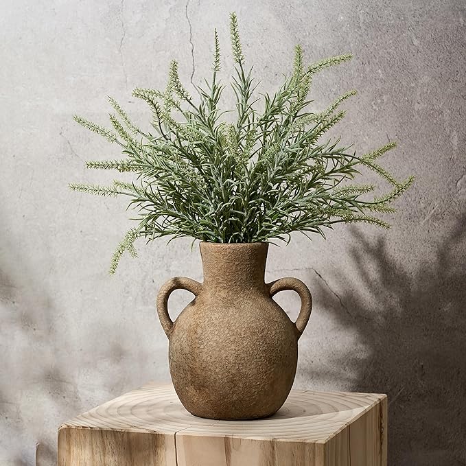 SIDUCAL Rustic Ceramic Farmhouse Flower Vase with 2 Handles, Terracotta Vase, Decorative Pottery Flower for Home Decor, Table, Wedding, Living Room, Shelf Decor, 7.3 Inch, Brown