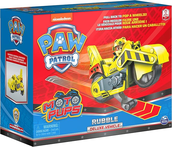 Paw Patrol, Moto Pups Rubble’s Deluxe Pull Back Motorcycle Vehicle with Wheelie Feature and Toy Figure