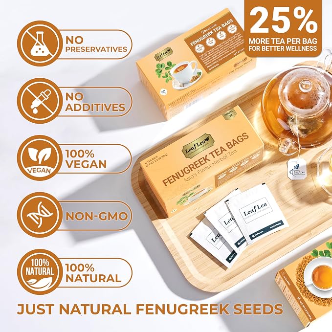LeafLea Fenugreek Tea Bags, Pure Fenugreek Seed Herbal Infusion, 40 Count | 100% Pure Fenugreek Seeds, Fenogreco Tea, Nutty Maple-Like Flavor, Caffeine-Free, Vegan, Individually Foil-Wrapped
