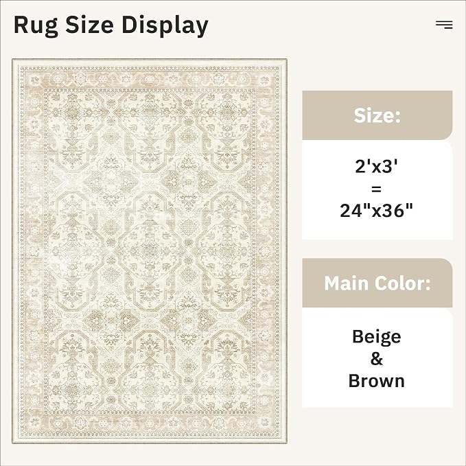 Soalmost 2x3 Washable Rugs for Kitchen Entryway, Small Area Rug Beige/Brown | Non-Slip Vintage Low Pile Throw Door Mat For Bathroom Entry Laundry Powder Room, Stain Resistant Indoor Entrance Floor Carpet