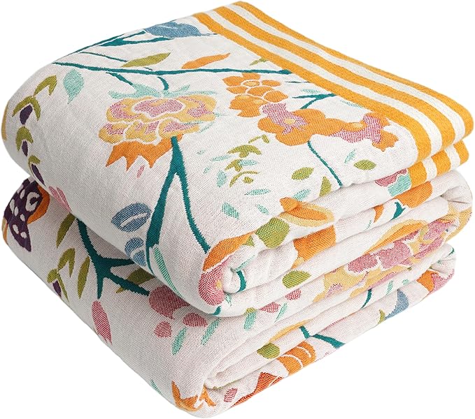 VANJOROY Boho Throw Blanket, 100% Organic Cotton Breathable Ultra Soft 91" x 98" Bed Quilt Throw - All Season Floral Rustic Farmhouse Decor Luxury Reversible Blanket for Sofa Couch Chair and Gift