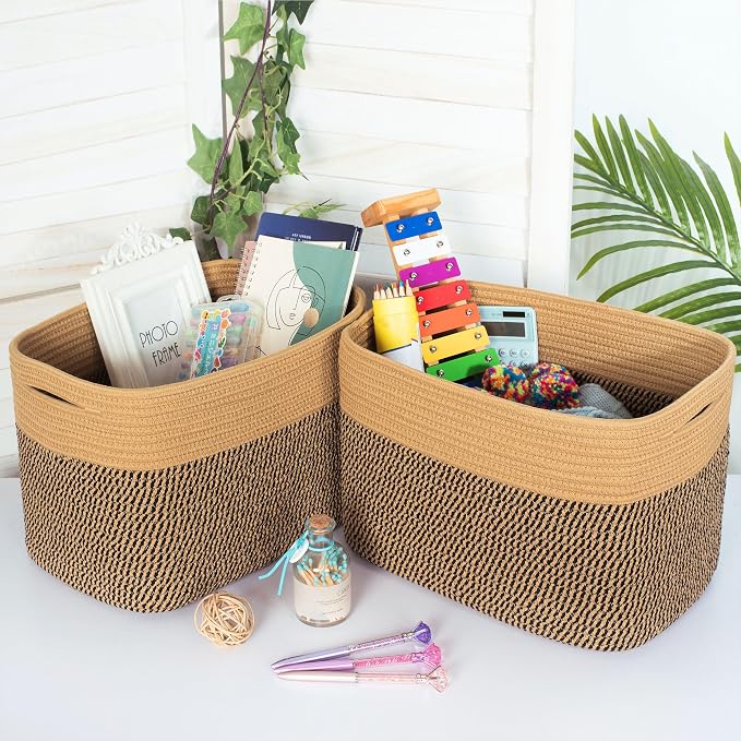 3-Pack Storage Baskets for Shelves, Decorative Baskets for Organizing, Woven Baskets for Storage, Book Basket Cube Storage Bin Box, Pantry Closet and Shoe Organizers, Black Jute