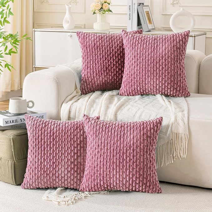 Set of 4 Pink Decorative Throw Pillow Covers 24x24 Inch Corduroy Pillow Covers for Bed Couch Sofa Living Room Soft Square Cushion Cases