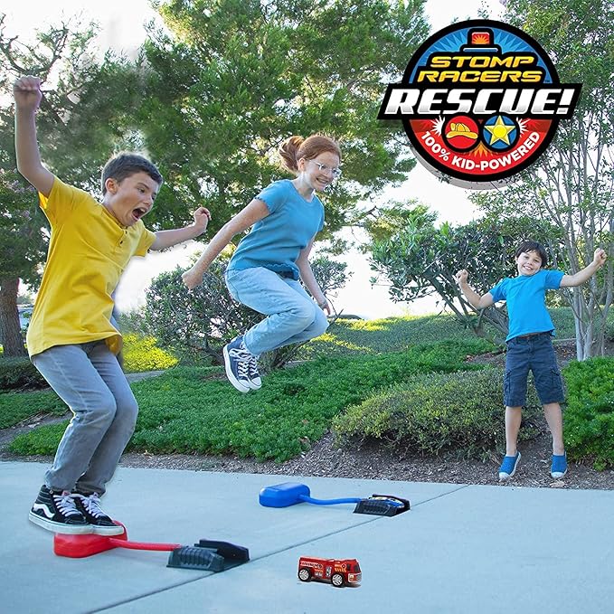 Stomp Rocket Original Stomp Rescue Racers - Dueling Race Cars for Kids - 1 Firetruck, 1 Police Car, 2 Launch Pads and 2 Tunnels - Fun Toy and Gift for Boys or Girls Age 5+ Years Old - STEM Toy