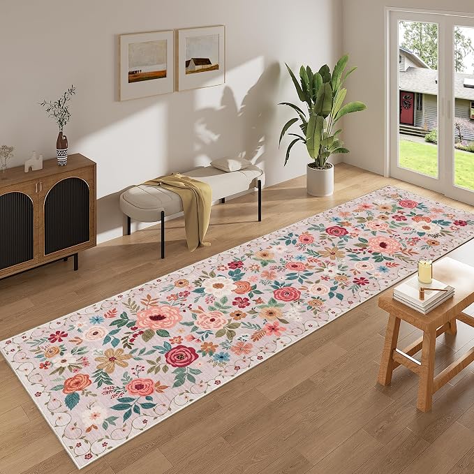 DUKINO 3x10 Runner Rug, Floral Washable Kitchen Runner Rug Non Slip, Beige | Soft, Low Pile, Stain Resistant Indoor Rug Runner for Hallway, Entryway, Bedroom, Bathroom, Modern Home Decor, Pet Friendly
