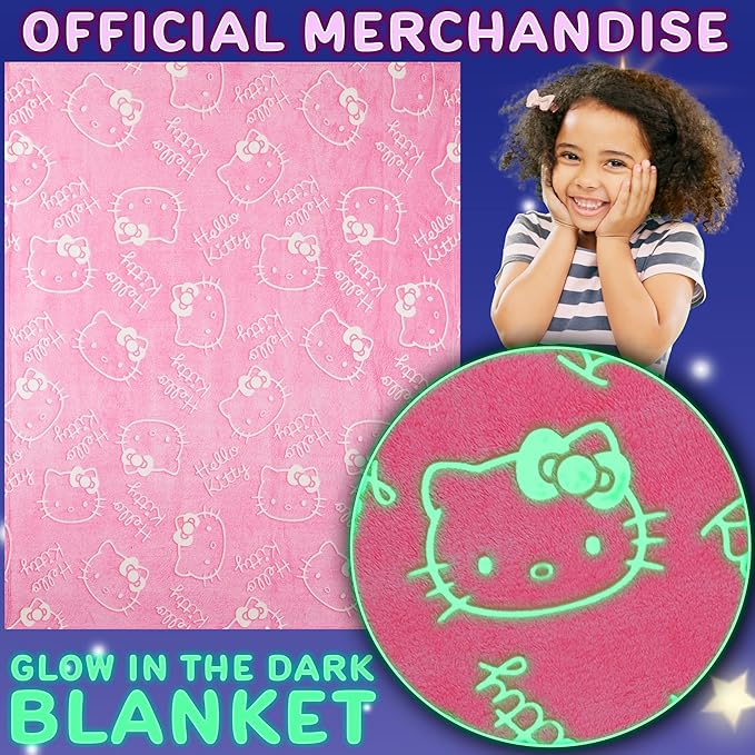 Hello Kitty Sanrio Glow in The Dark Throw Blanket 51x59” for Girls Teens Women, Soft Fleece Throw Blanket for Sofa Bed, Kawaii Gifts for Kids (Pink Hello Kitty)