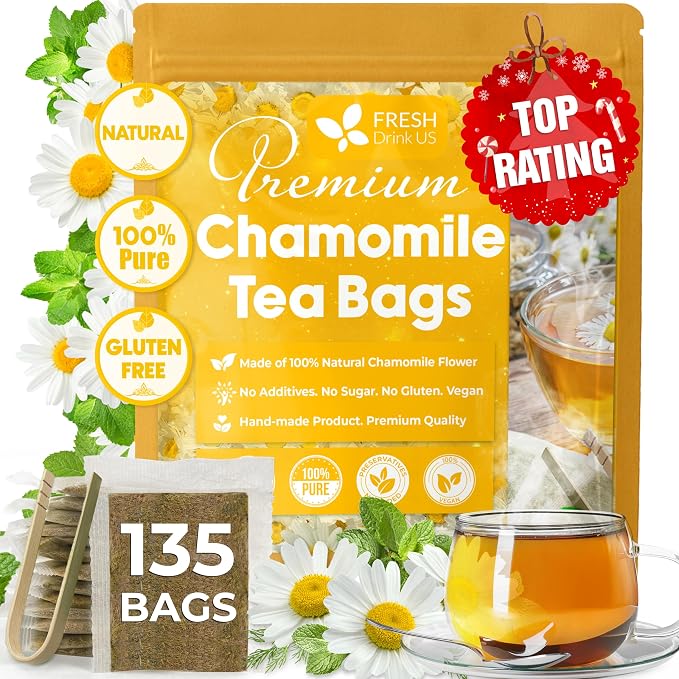 FRESHDRINKUS, 135 Chamomile Tea Bags, 100% Natural and Pure Chamomile Flowers, Eco-conscious Tea Bags. Chamomile Flower Herbal Tea. No Sugar, No Caffeine, No Gluten, Vegan.