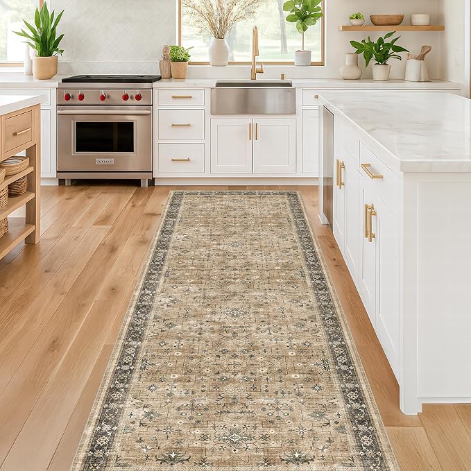 Hazo Haus Soft Taupe 2x7 Runner Rug for Hallway, Natural Runner Rug for Kitchen, Non-Slip Low-Pile Washable Stain Resistant, Vintage Boho Earthy Décor