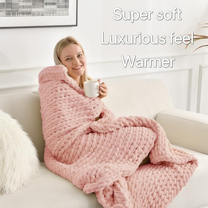 Maetoow Chenille Chunky Knit Blanket,Handmade Cozy for Home Decor,60×80 Rose Pink