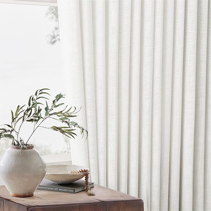 TWODRAPES Beige White Pinch Pleated Linen Curtains 63 Inch Length 2 Panels | for Dining Living Room Bedroom Window, Memory Shape Trained, 400GSM Fabric, Semi Sheer, Pinch Pleat with Hooks Rings 40x63